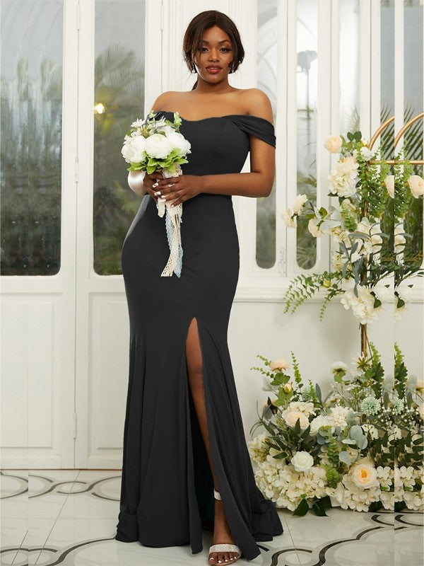 Sheath/Column Jersey Ruffles Off-the-Shoulder Sleeveless Sweep/Brush Train Bridesmaid Dresses Evening Dress