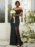 Sheath/Column Jersey Ruffles Off-the-Shoulder Sleeveless Sweep/Brush Train Bridesmaid Dresses Evening Dress