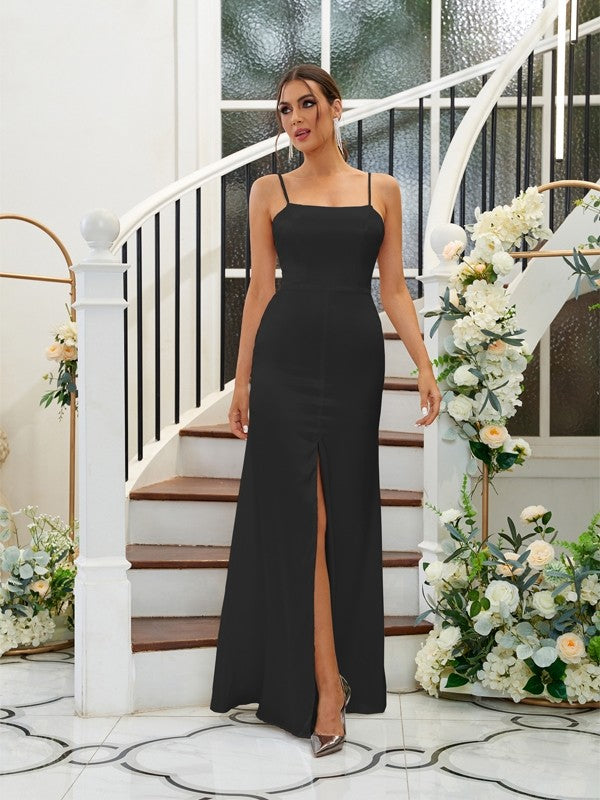A-Line/Princess Silk like Satin Ruffles Spaghetti Straps Sleeveless Floor-Length Bridesmaid Dresses Evening Dress