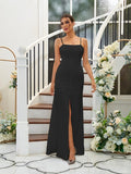 A-Line/Princess Silk like Satin Ruffles Spaghetti Straps Sleeveless Floor-Length Bridesmaid Dresses Evening Dress
