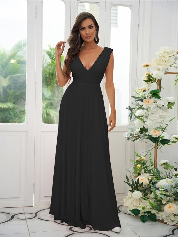 A-Line/Princess Jersey Ruffles V-neck Sleeveless Floor-Length Bridesmaid Dresses Evening Prom Dress