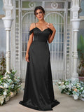 A-Line/Princess Silk like Satin Ruched Sweetheart Sleeveless Sweep/Brush Train Bridesmaid Dresses Evening Dress