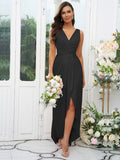 A-Line/Princess Charmeuse Ruched V-neck Sleeveless Sweep/Brush Train Bridesmaid Dresses Evening Dress