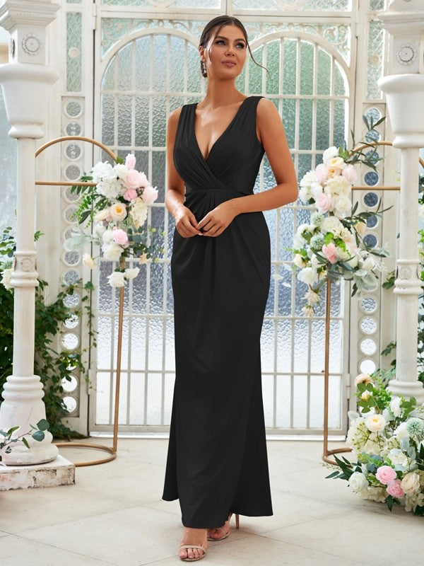 Sheath/Column Jersey Ruched V-neck Sleeveless Floor-Length Bridesmaid Dresses Evening Dress