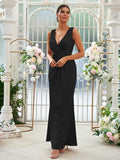 Sheath/Column Jersey Ruched V-neck Sleeveless Floor-Length Bridesmaid Dresses Evening Dress