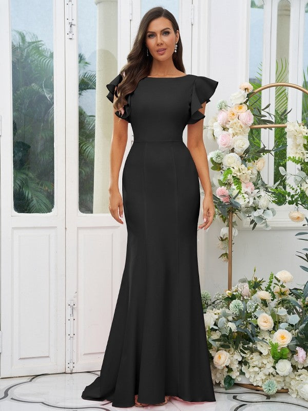 Sheath/Column Stretch Crepe Ruffles Scoop Short Sleeves Sweep/Brush Train Bridesmaid Dresses Evening Dress