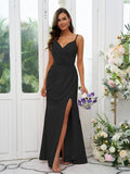 A-Line/Princess Stretch Crepe Ruched V-neck Sleeveless Floor-Length Bridesmaid Dresses Evening Dress