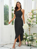 A-Line/Princess Silk like Satin Ruched One-Shoulder Sleeveless Tea-Length Bridesmaid Dresses Evening Prom Dress