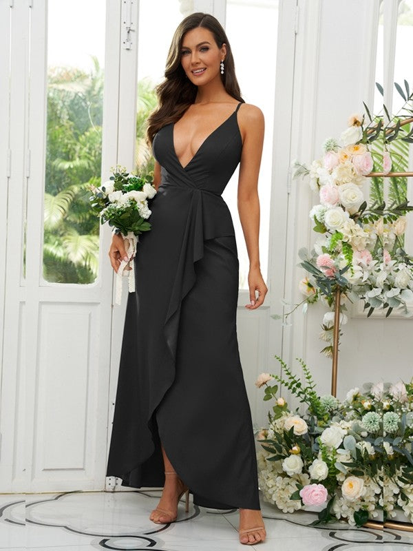A-Line/Princess Silk like Satin Ruffles V-neck Sleeveless Floor-Length Bridesmaid Dresses Prom Dress