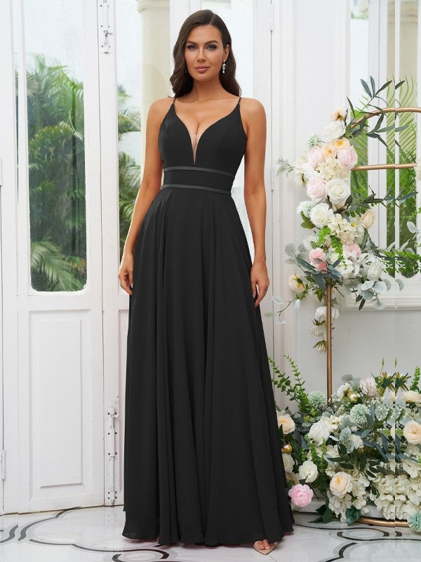 A-Line/Princess Chiffon Ruffles V-neck Sleeveless Floor-Length Bridesmaid Dresses Evening Prom Dress