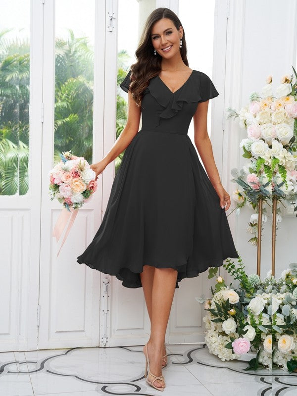 Vestido de dama de honor asimétrico de corte A/princesa, de gasa, con volantes, escote en V y mangas cortas, ideal para invitadas de boda y graduación.