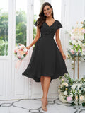 Vestido de dama de honor asimétrico de corte A/princesa, de gasa, con volantes, escote en V y mangas cortas, ideal para invitadas de boda y graduación.