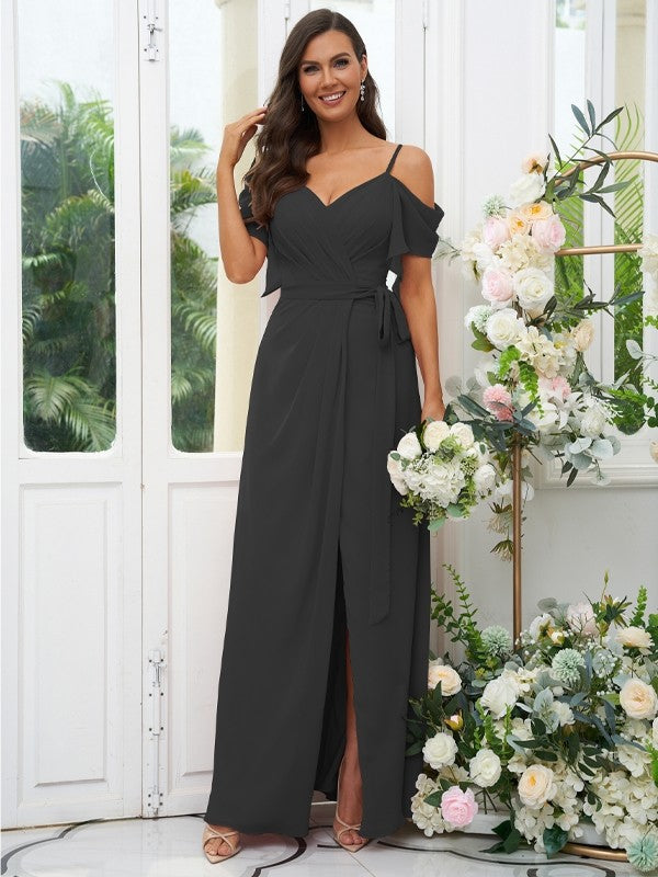 A-Line/Princess Chiffon Ruched V-neck Short Sleeves Floor-Length Bridesmaid Dresses Evening Dress
