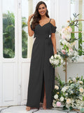 A-Line/Princess Chiffon Ruched V-neck Short Sleeves Floor-Length Bridesmaid Dresses Evening Dress