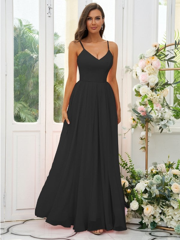 A-Line/Princess Chiffon Ruffles V-neck Sleeveless Floor-Length Bridesmaid Dresses Evening Dress