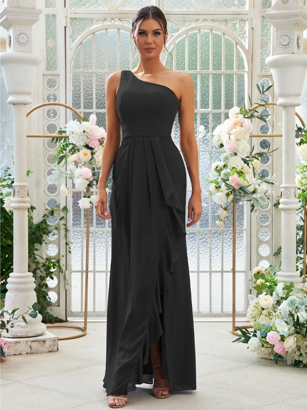 Sheath/Column Chiffon Ruffles One-Shoulder Sleeveless Floor-Length Bridesmaid Dresses Evening Prom Dress