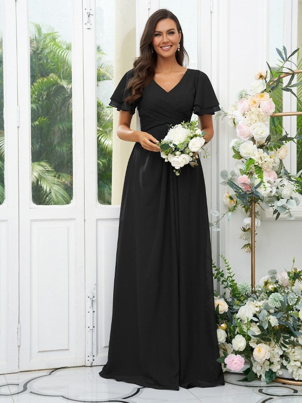 A-Line/Princess Chiffon Ruffles V-neck Short Sleeves Floor-Length Bridesmaid Dresses Evening Dress