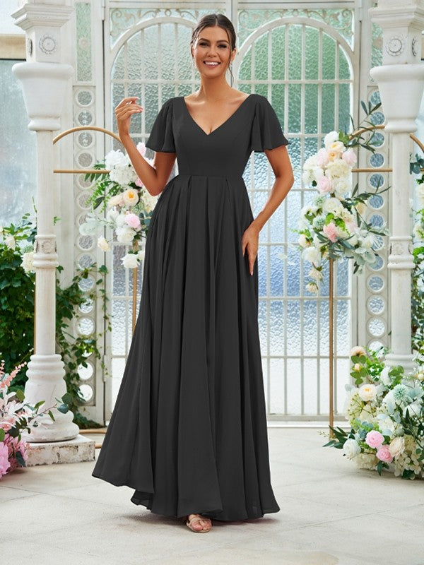 A-Line/Princess Chiffon Ruffles V-neck Short Sleeves Floor-Length Bridesmaid Dresses Evening Prom Dress