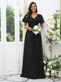 A-Line/Princess Chiffon Ruffles V-neck Short Sleeves Floor-Length Bridesmaid Dresses Evening Dress
