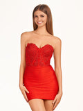 Red Sheath Beaded Satin and Lace Homecoming Dress