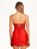 Red Sheath Beaded Satin and Lace Homecoming Dress