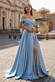 Off Shoulder Prom Dress Long Satin Formal Gowns with Slit