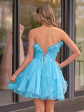 Blue A-Line Strapless Ruffled Short Homecoming Dress