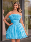 Blue A-Line Strapless Ruffled Short Homecoming Dress