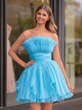 Blue A-Line Strapless Ruffled Short Homecoming Dress