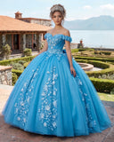 Big Bow Floral Flower Lace Applique Off Shoulder Ball Gown Quinceanera Dresses