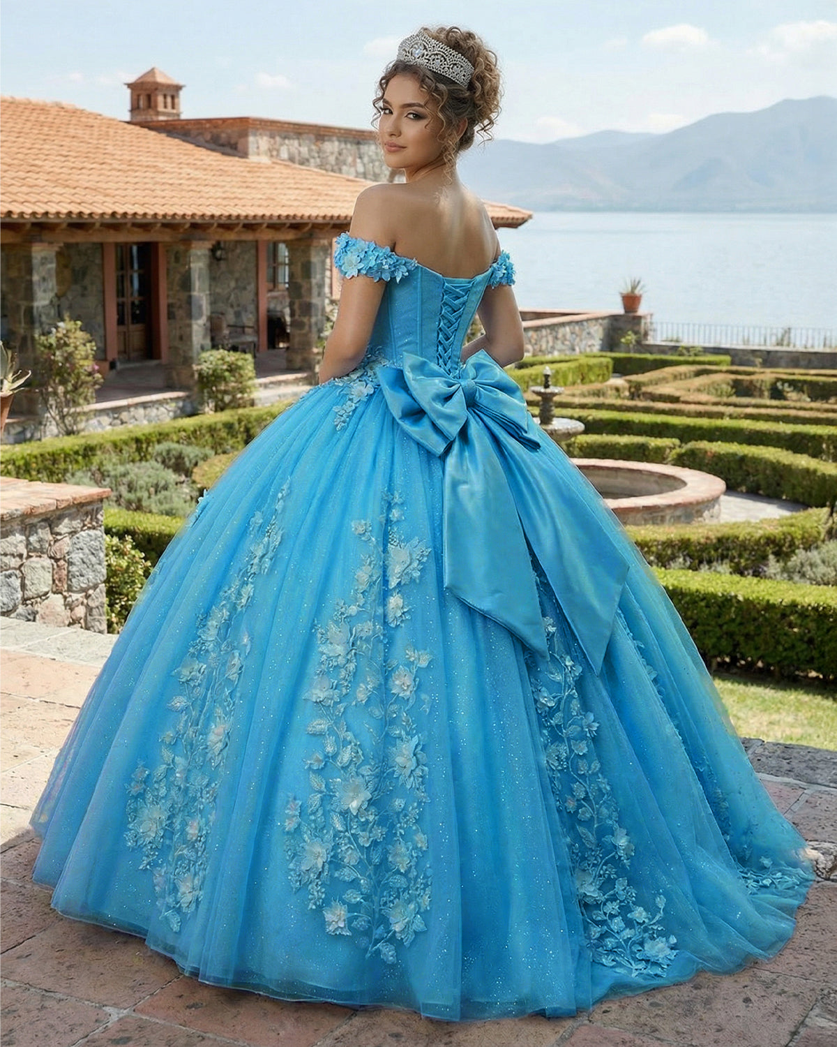 Big Bow Floral Flower Lace Applique Off Shoulder Ball Gown Quinceanera Dresses