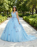 Quinceanera Dress Sky Blue Butterfly Flowers Lace Up Ball Gowns Long Prom Dresses