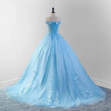 Sky Blue Tulle 3D Flowers Quinceanera Dresses With Train