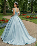 Sky Blue Satin Long Ball Gown Quinceanera Dresses