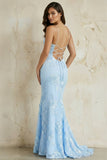 Sky Blue Spaghetti Straps Mermaid Tulle Long Prom Dresses With Appliques