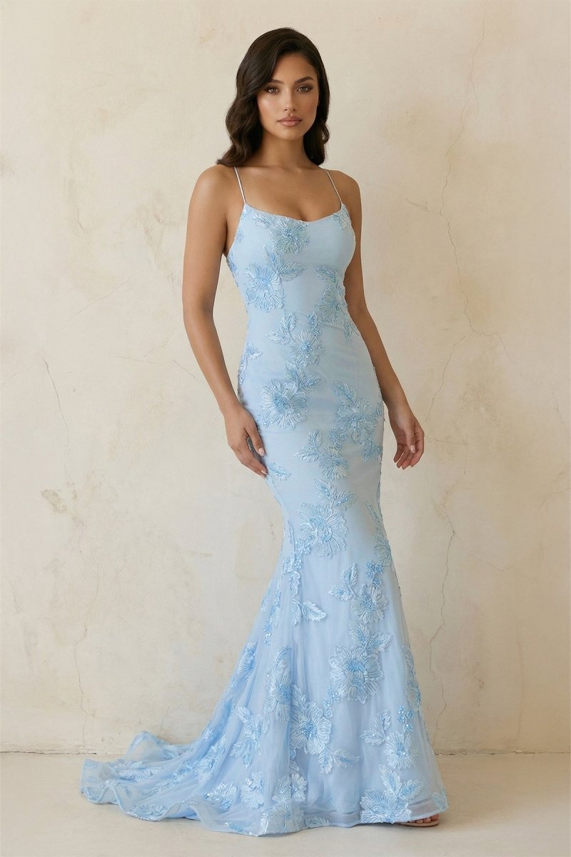 Sky Blue Spaghetti Straps Mermaid Tulle Long Prom Dresses With Appliques