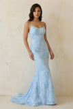 Sky Blue Spaghetti Straps Mermaid Tulle Long Prom Dresses With Appliques