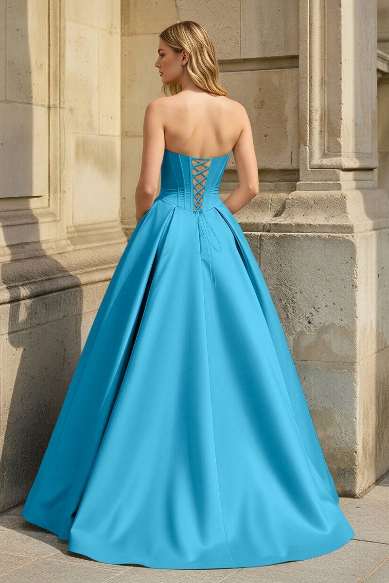 Pink Strapless A Line Pleated Satin Long Prom Dresses With Flower