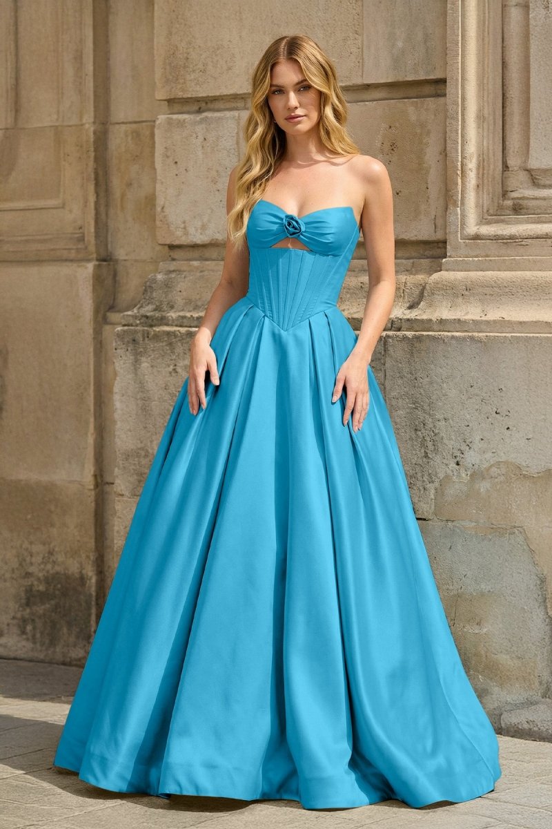 Pink Strapless A Line Pleated Satin Long Prom Dresses With Flower