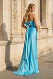 Blue Sweetheart Sheath Satin Cutout Long Prom Dresses With Bow