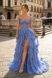 Periwinkle Tulle Appliques Off-the-Shoulder Ruffle Long Prom Dress
