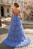 Periwinkle Tulle Appliques Off-the-Shoulder Ruffle Long Prom Dress