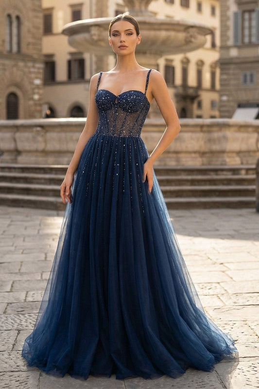 Blue Tulle Beaded Long Prom Dress Formal Dress
