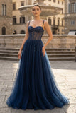 Blue Tulle Beaded Long Prom Dress Formal Dress