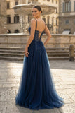 Blue Tulle Beaded Long Prom Dress Formal Dress