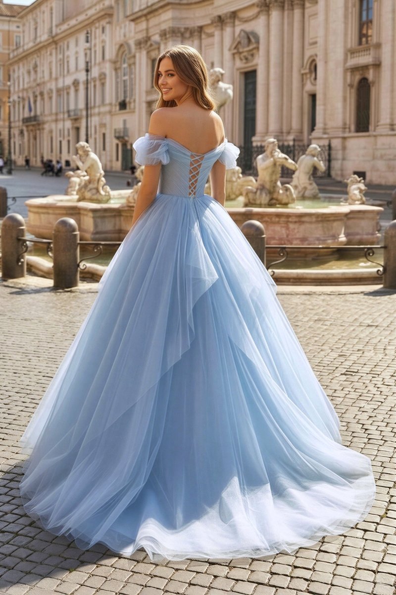 Blue Tulle Floor Length Prom Dress. Off the Shoulder Evening Dress with 3D Flowers