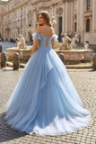Blue Tulle Floor Length Prom Dress. Off the Shoulder Evening Dress with 3D Flowers