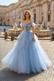 Blue Tulle Floor Length Prom Dress. Off the Shoulder Evening Dress with 3D Flowers