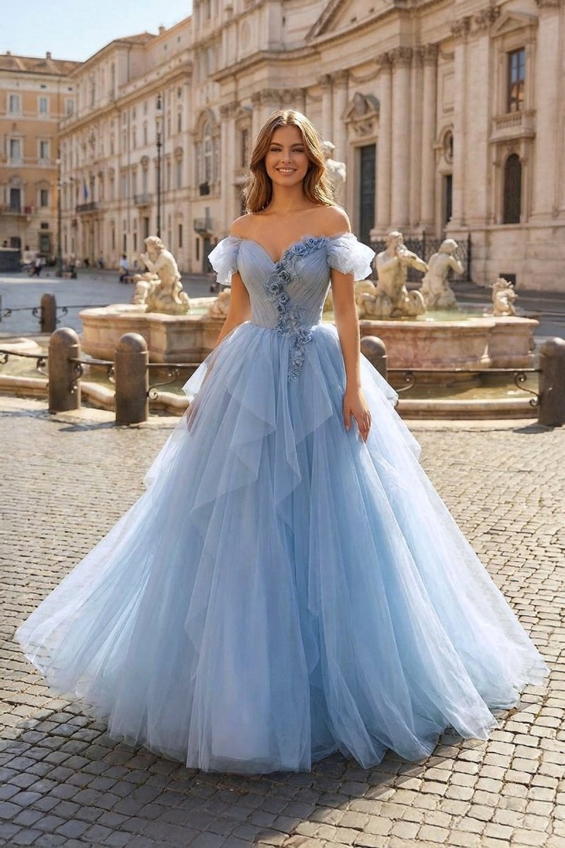 Blue Tulle Floor Length Prom Dress. Off the Shoulder Evening Dress with 3D Flowers