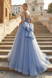 Blue Tulle Long A-Line Prom Dress Blue Spaghetti Straps Party Dress with Bow